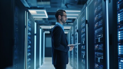 an administrator stands in a room with many computer servers