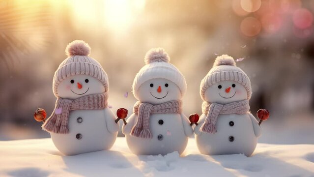 Cute baby snowman in winter landscape with cream scarf. seamless looping video animation 4k
