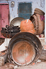 Cooking pans used for outdoor food preparation Rajasthan, India
