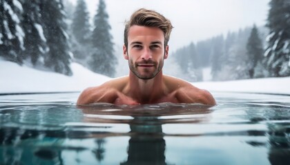 Man swimming in icy water of frozen lake in ice hole. Male hardening the body, cold water therapy. Boost the immune system and improve mental health. Panorama with copy space.