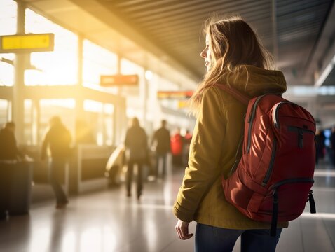 Travel At The Airport With Backpack Walking At The Gate Airport And Excited Woman With Passport  Journey And Flight Schedule Search For Traveler Enjoy Trip And Holiday