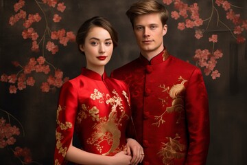 photo of American people wearing traditional Chinese clothing, one color background, copy space. generative ai