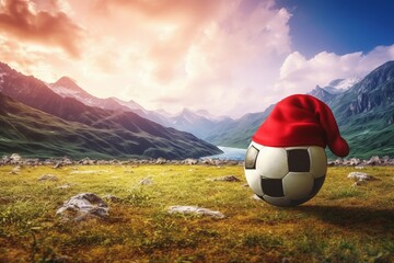 Landscape of the foot of the mountain. Close up of soccer ball with Santa hat on it and sunset. Green grass in the meadow. - obrazy, fototapety, plakaty