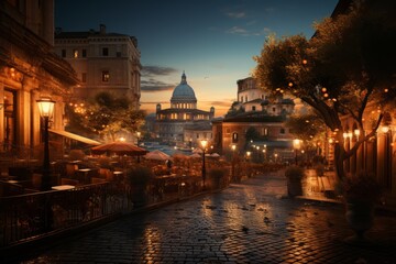 Picturesque Roman piazza in the evening, Generative AI
