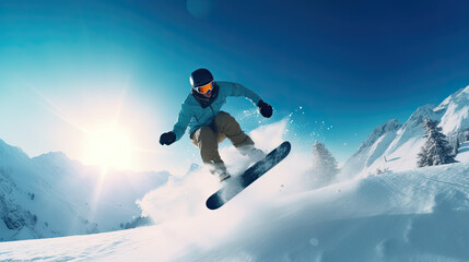 Naklejka na ściany i meble Extreme Snowboarding Jump Stunts. Men’s Mountain Adventure