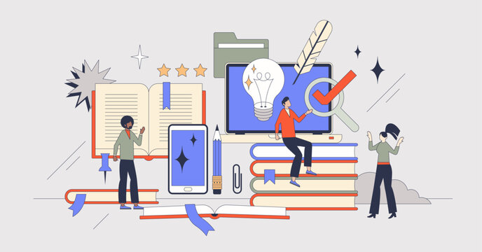 Innovation in education for effective and smart knowledge retro tiny person concept. Innovative technology usage in school, university or e-learning systems vector illustration. Study and development