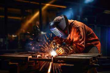 A worker in a protective mask demonstrating precision and skill in metal welding, prioritizing safety in the workplace.