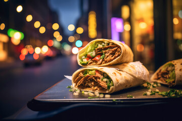A tempting Turkish shawarma wrap, filled with flavorful meat, fresh lettuce, and juicy tomatoes,...