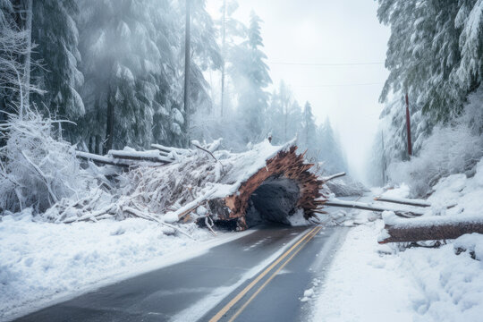 A landscape with fallen trees and snow-covered roads, depicting the aftermath of a winter storm.