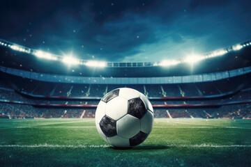 Fototapeta premium A soccer ball Illuminated by Spotlight in a Stadium, during a football Match.