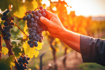 A close view of a farmer's hand holding ripe grapes on the vine, highlighting the agricultural beauty of the rural winemaking process. - obrazy, fototapety, plakaty