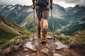 male hiker conquering a rocky trail, showcasing a retro aesthetic and the thrill of a successful climb in the mountainous landscape.
