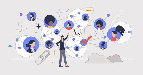 Teamwork with strong connections and business partners retro tiny person concept. Network mesh with contacts for cooperation or partnership vector illustration. Strength in unity and partners bonding.