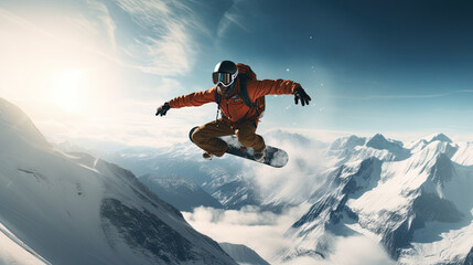 Extreme Snowboarding Jump Stunts. Men&rsquo;s Mountain Adventure