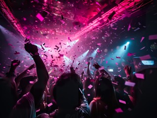 Fototapeta na wymiar Disco People enjoying a party night club neon pink light Group of dancing friends enjoying night festival party are dancing in club. Nightlife
