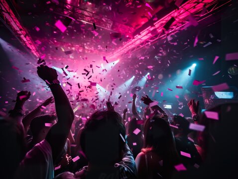 Disco People enjoying a party night club neon pink light Group of dancing friends enjoying night festival&nbsp;party are dancing in club. Nightlife