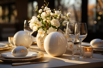 Easter dinner table setting in white and gold tones