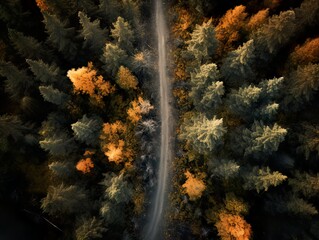 Fototapeta na wymiar From above drone view of path in the middle of picturesque autumn forest with colorful trees