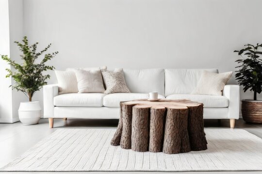 Trees stump coffee tables and white sofa with woolen blanket against white wall with copy space. Scandinavian rustic home interior design of modern living room.