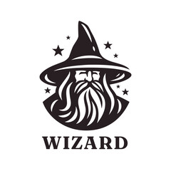 Bearded wizard logo. Warlock icon. Wise magician emblem. Mystical sorcerer symbol. Vector illustration.