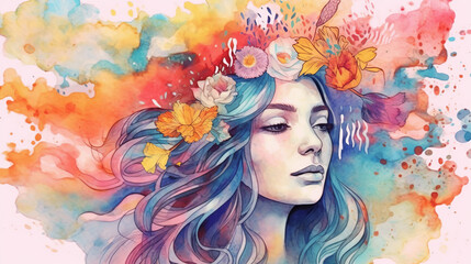 A girl, flowers and flowing hair, explosion of colors, watercolor illustration, mental health journey, A memory, a symbol, or a feeling that is important to you