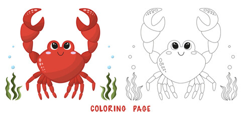 Coloring page of cartoon cute happy crab for design element. Vector illustration of funny sea animal on a white background. Сhildren's coloring book with color example.