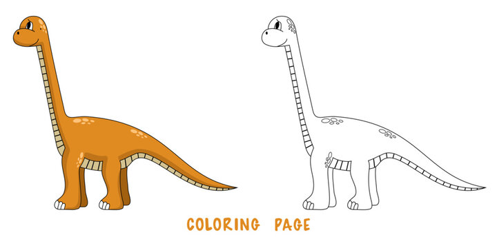 Coloring page of cartoon cute happy baby dinosaur for design element. Bright colorful children's illustration in cartoon style. Сhildren's coloring book with color example.