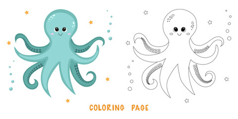 Coloring page of cartoon cute happy octopus for design element. Vector illustration of funny sea animal on a white background. Сhildren's coloring book with color example.