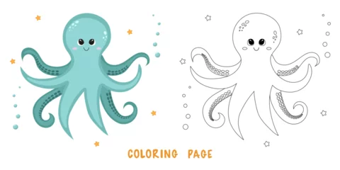 Papier Peint photo Lavable Vie marine Coloring page of cartoon cute happy octopus for design element. Vector illustration of funny sea animal on a white background. Сhildren's coloring book with color example.