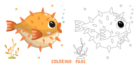 Coloring page of cartoon cute happy puffer fish for design element. Vector illustration of funny sea animal on a white background. Сhildren's coloring book with color example.