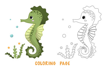 Coloring page of cartoon cute happy seahorse for design element. Vector illustration of funny sea animal on a white background. Сhildren's coloring book with color example.