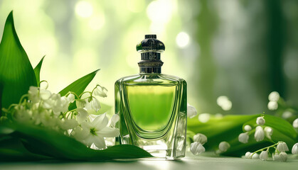 Perfume bottle and lily of the valley fresh flowers on blurred green bokeh background.Elite perfumery concept. Generative AI.