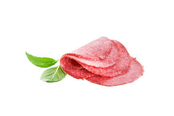 Salami sausage slices and leaf green basil isolated on white background. Few pieces or several slices. High resolution image. Can be used for self-design.