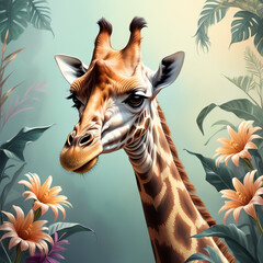 illustration of a portrait of a giraffe, simple exotic flowers background, digital art