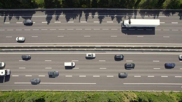 Traffic on A7 Vacation Highway in the South Of France - Aerial Top Down