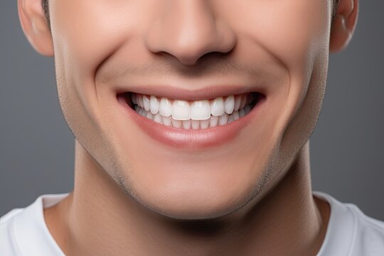 Cropped image of young man with healthy teeth, isolated on grey. Ai generative