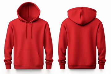 Blank red hoodie in front and back view, mockup, white background