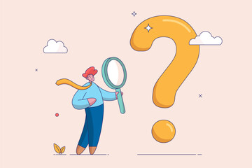 Business problem concept. Problem and root cause analysis, research and leadership skill to find solution or answer, smart businessman analyst using magnifying glass to analyze question mark sign.