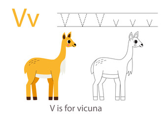 Tracing alphabet letters with cute animals. Color cute vicuna. Trace letter V.