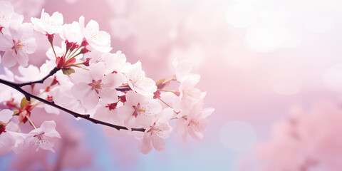Obraz premium Delicate pink cherry tree blossom flowers blooming in spring, easter time against a natural sunny blurred sky Garden banner background blue, yellow and white bokeh. Graphic resource for copy space 