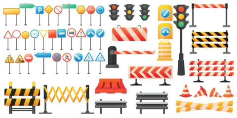 Store enrouleur occultant sans perçage Voitures de dessin animé Vector cartoon image of traffic signs. Concept of warning signals for pedestrians and drivers. Safety for children. Elements for your design.