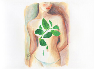 abstract woman with plants. watercolor painting. illustration - 687969186