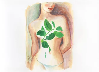 Wandcirkels tuinposter abstract woman with plants. watercolor painting. illustration © Anna Ismagilova