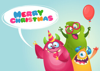 Cartoon happy monsters set with different face expressions. Merry Christmas party invitation card or  poster. New year's holiday design. Vector illustration