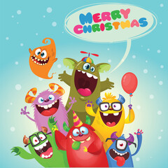 Cartoon happy monsters set with different face expressions. Merry Christmas party invitation card or  poster. New year's holiday design. Vector illustration