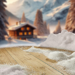 Wooden desk cover of snow flakes and blurred landscape of mountains. Cold december day. Empty space...