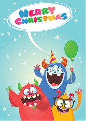 Cartoon happy monsters set with different face expressions. Merry Christmas party invitation card or  poster. New year's holiday design. Vector illustration