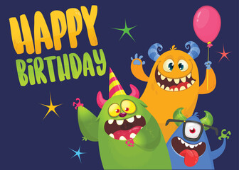Cartoon happy monsters set with different face expressions. Birthday party invitation card or  poster design. Vector illustration