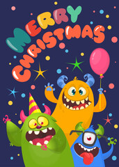 Obraz na płótnie Canvas Cartoon happy monsters set with different face expressions. Merry Christmas party invitation card or poster. New year's holiday design. Vector illustration