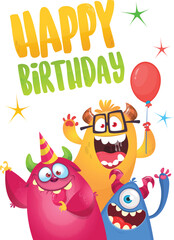 Cartoon happy monsters set with different face expressions. Birthday party invitation card or  poster design. Vector illustration